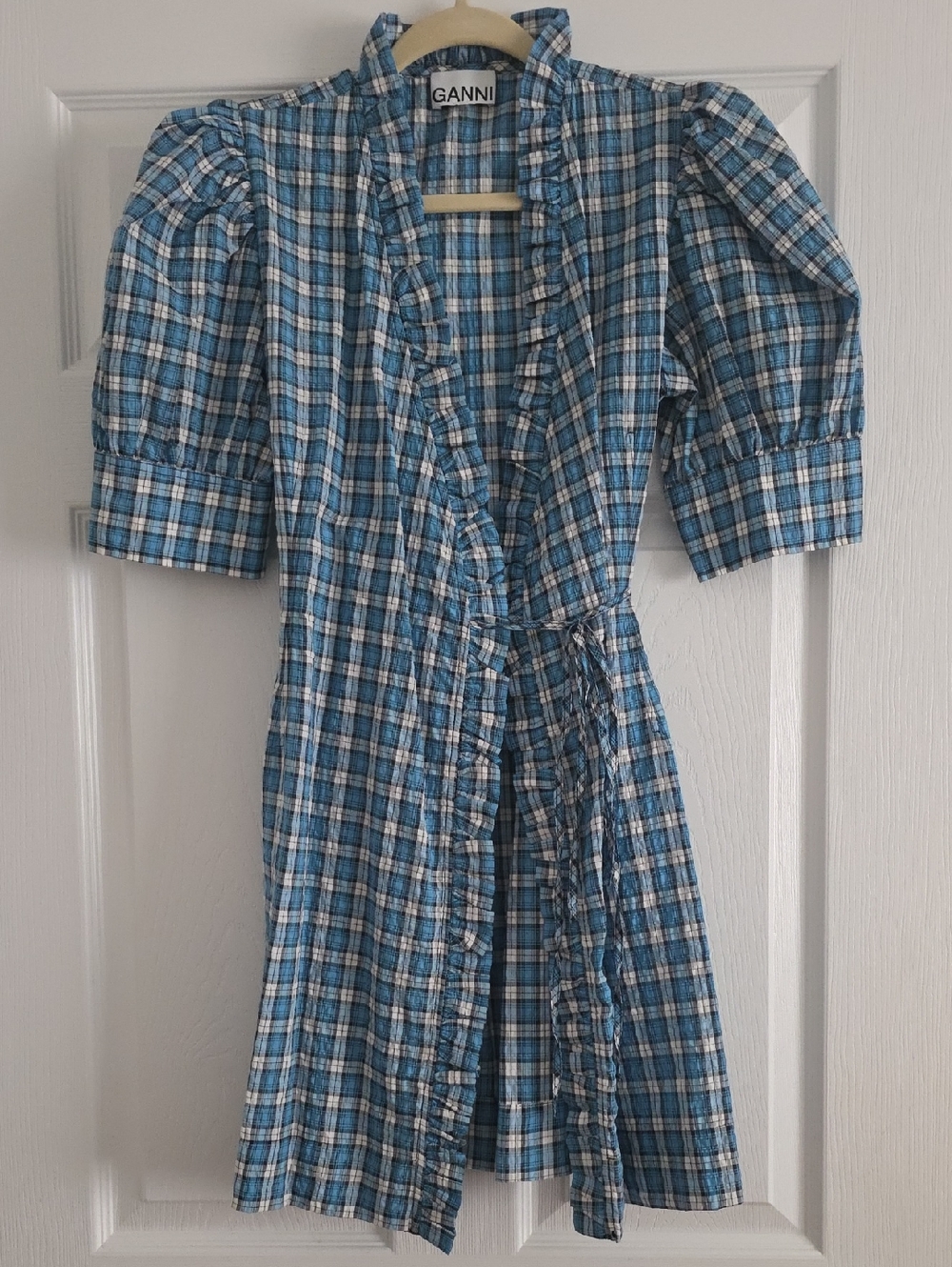 Ganni Blue and White Plaid Puff-Sleeve Wrap Dress